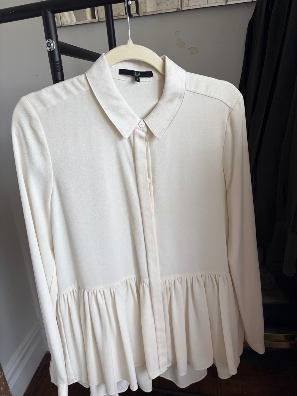 Tibi Cream Ruffle-Hem Button Front Blouse